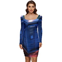 The Police Box Tardis Time Travel Device Used Doctor Who Women Long Sleeve Ruched Stretch Jersey Dress by Jancukart