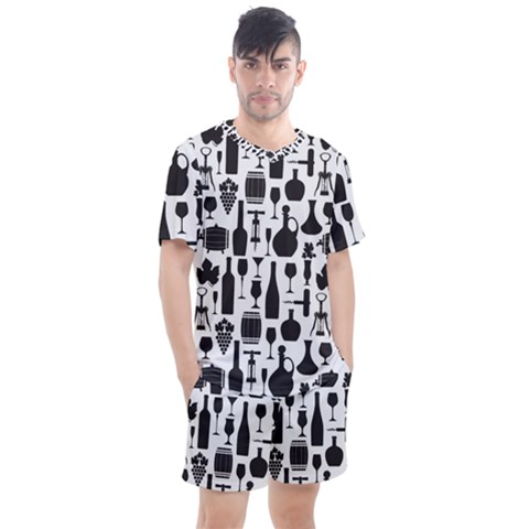 Wine Pattern Black White Men s Mesh Tee And Shorts Set by Jancukart