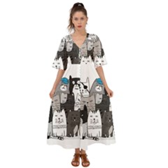 Cute Cat Hand Drawn Cartoon Style Kimono Sleeve Boho Dress by Jancukart