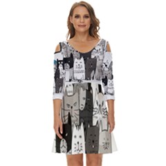 Cute Cat Hand Drawn Cartoon Style Shoulder Cut Out Zip Up Dress