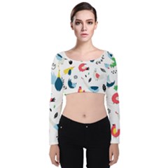 Vector-set-isolates-with-cute-birds-scandinavian-style Velvet Long Sleeve Crop Top