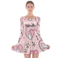 Cartoon-cute-valentines-day-doodle-heart-love-flower-seamless-pattern-vector Long Sleeve Skater Dress