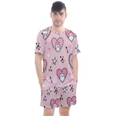Cartoon-cute-valentines-day-doodle-heart-love-flower-seamless-pattern-vector Men s Mesh Tee And Shorts Set