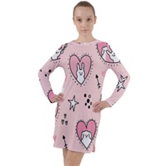 Cartoon-cute-valentines-day-doodle-heart-love-flower-seamless-pattern-vector Long Sleeve Hoodie Dress by Jancukart