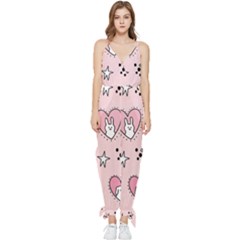 Cartoon-cute-valentines-day-doodle-heart-love-flower-seamless-pattern-vector Sleeveless Tie Ankle Chiffon Jumpsuit