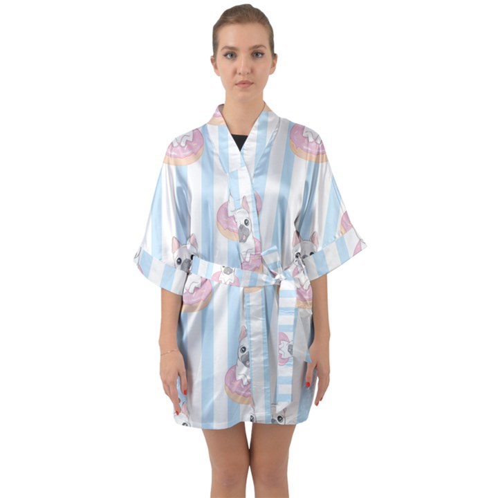 French-bulldog-dog-seamless-pattern Half Sleeve Satin Kimono 