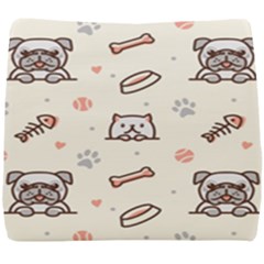 Pug-dog-cat-with-bone-fish-bones-paw-prints-ball-seamless-pattern-vector-background Seat Cushion by Jancukart