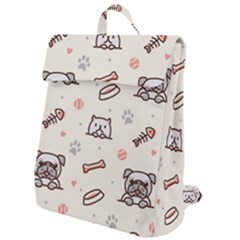 Pug-dog-cat-with-bone-fish-bones-paw-prints-ball-seamless-pattern-vector-background Flap Top Backpack