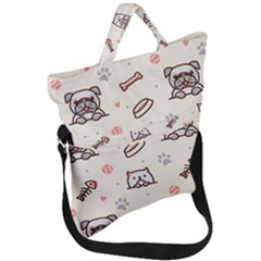 Pug-dog-cat-with-bone-fish-bones-paw-prints-ball-seamless-pattern-vector-background Fold Over Handle Tote Bag