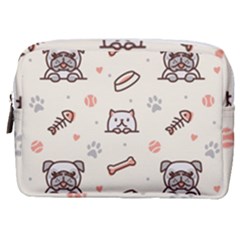 Pug-dog-cat-with-bone-fish-bones-paw-prints-ball-seamless-pattern-vector-background Make Up Pouch (medium)