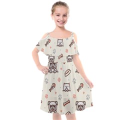 Pug-dog-cat-with-bone-fish-bones-paw-prints-ball-seamless-pattern-vector-background Kids  Cut Out Shoulders Chiffon Dress by Jancukart