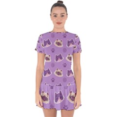 Cute-colorful-cat-kitten-with-paw-yarn-ball-seamless-pattern Drop Hem Mini Chiffon Dress by Jancukart