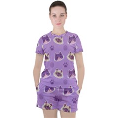 Cute-colorful-cat-kitten-with-paw-yarn-ball-seamless-pattern Women s Tee And Shorts Set