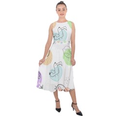 Cartoon-bird-cute-doodle-bird Midi Tie-Back Chiffon Dress