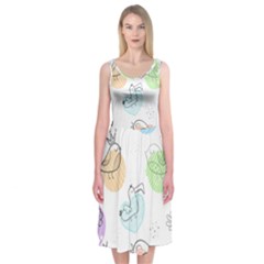 Cartoon-bird-cute-doodle-bird Midi Sleeveless Dress