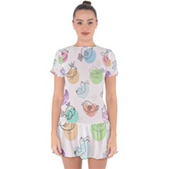 Cartoon-bird-cute-doodle-bird Drop Hem Mini Chiffon Dress