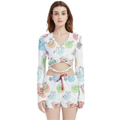 Cartoon-bird-cute-doodle-bird Velvet Wrap Crop Top and Shorts Set