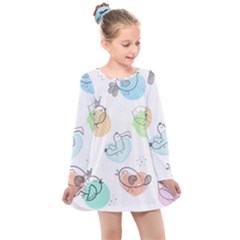 Cartoon-bird-cute-doodle-bird Kids  Long Sleeve Dress