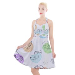 Cartoon-bird-cute-doodle-bird Halter Party Swing Dress 