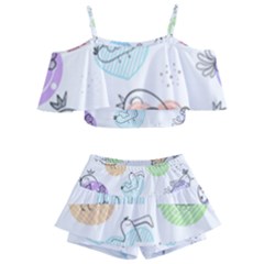 Cartoon-bird-cute-doodle-bird Kids  Off Shoulder Skirt Bikini