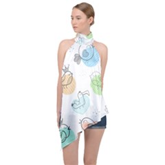 Cartoon-bird-cute-doodle-bird Halter Asymmetric Satin Top