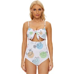 Cartoon-bird-cute-doodle-bird Knot Front One-Piece Swimsuit