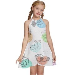 Cartoon-bird-cute-doodle-bird Kids  Halter Collar Waist Tie Chiffon Dress