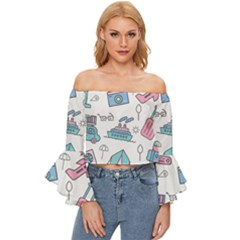 Transportation Seamless Pattern Off Shoulder Flutter Bell Sleeve Top