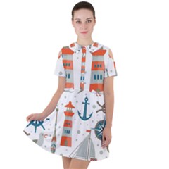 Nautical-elements-pattern-background Short Sleeve Shoulder Cut Out Dress 