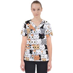 Cute-cat-kitten-cartoon-doodle-seamless-pattern Women s V-neck Scrub Top by Jancukart