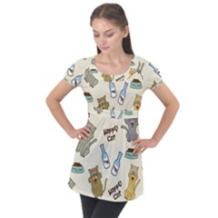 Happy-cats-pattern-background Puff Sleeve Tunic Top by Jancukart