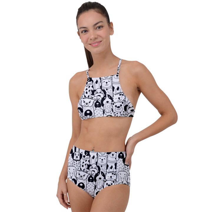 Seamless-pattern-with-black-white-doodle-dogs High Waist Tankini Set