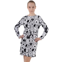 Seamless-pattern-with-black-white-doodle-dogs Long Sleeve Hoodie Dress by Jancukart