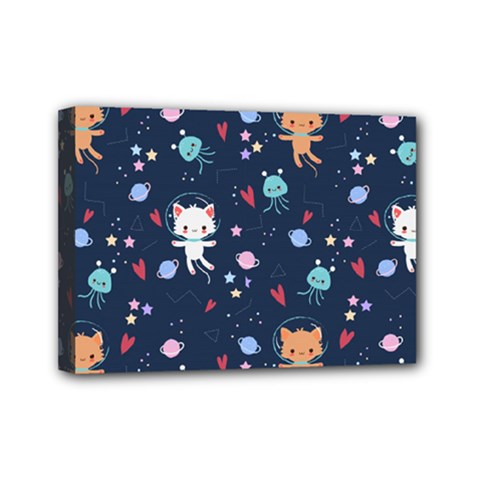 Cute-astronaut-cat-with-star-galaxy-elements-seamless-pattern Mini Canvas 7  X 5  (stretched) by Jancukart