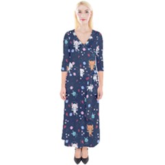 Cute-astronaut-cat-with-star-galaxy-elements-seamless-pattern Quarter Sleeve Wrap Maxi Dress