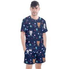 Cute-astronaut-cat-with-star-galaxy-elements-seamless-pattern Men s Mesh Tee And Shorts Set