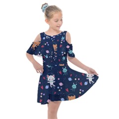 Cute-astronaut-cat-with-star-galaxy-elements-seamless-pattern Kids  Shoulder Cutout Chiffon Dress