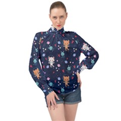 Cute-astronaut-cat-with-star-galaxy-elements-seamless-pattern High Neck Long Sleeve Chiffon Top by Jancukart