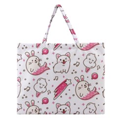 Cute-animals-seamless-pattern-kawaii-doodle-style Zipper Large Tote Bag by Jancukart