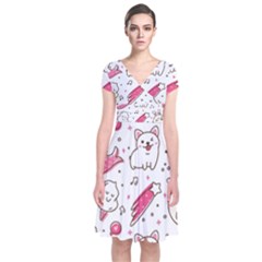 Cute-animals-seamless-pattern-kawaii-doodle-style Short Sleeve Front Wrap Dress by Jancukart