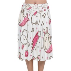 Cute-animals-seamless-pattern-kawaii-doodle-style Velvet Flared Midi Skirt