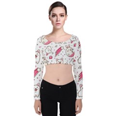 Cute-animals-seamless-pattern-kawaii-doodle-style Velvet Long Sleeve Crop Top