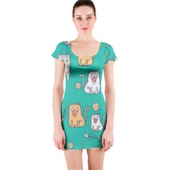 Seamless-pattern-cute-cat-cartoon-with-hand-drawn-style Short Sleeve Bodycon Dress