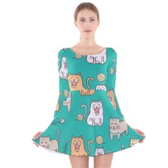 Seamless-pattern-cute-cat-cartoon-with-hand-drawn-style Long Sleeve Velvet Skater Dress by Jancukart