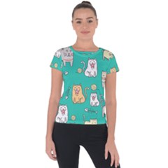 Seamless-pattern-cute-cat-cartoon-with-hand-drawn-style Short Sleeve Sports Top 