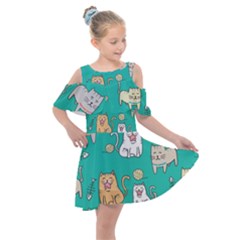 Seamless-pattern-cute-cat-cartoon-with-hand-drawn-style Kids  Shoulder Cutout Chiffon Dress