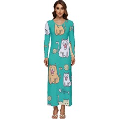 Seamless-pattern-cute-cat-cartoon-with-hand-drawn-style Long Sleeve Velour Longline Maxi Dress by Jancukart