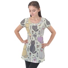 Funny Cartoon Cats Seamless Pattern Puff Sleeve Tunic Top by Jancukart