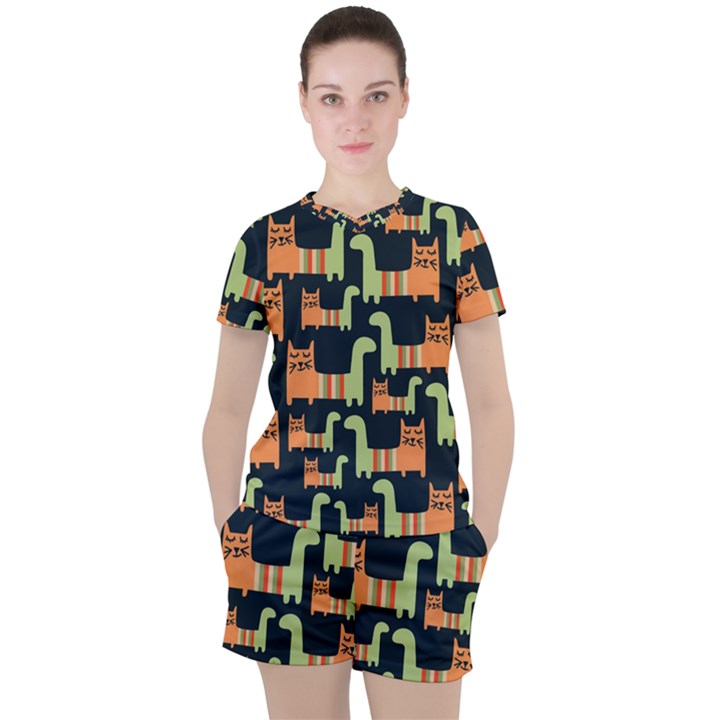 Seamless-pattern-with-cats Women s Tee and Shorts Set