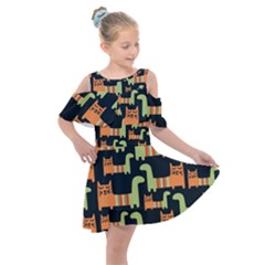 Seamless-pattern-with-cats Kids  Shoulder Cutout Chiffon Dress